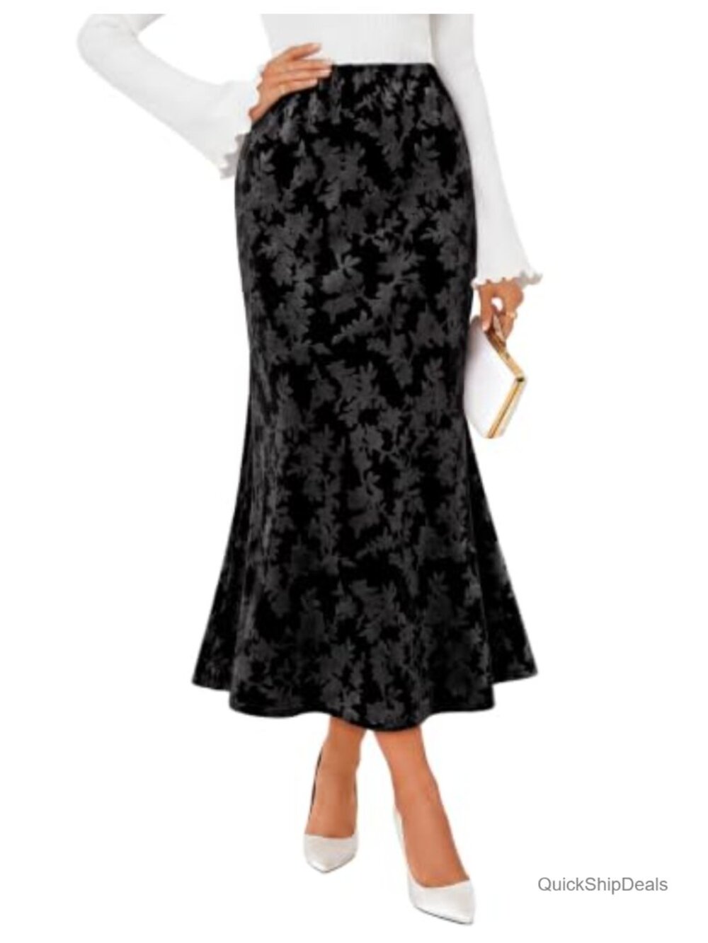 Floral Velvet Maxi Skirt High Waist Mermaid Hem Fall